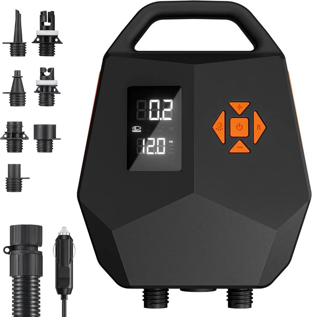 Elektryczna pompa SUP 20 PSI, dwusilnikowa, z automatycznym wyłączaniem, adapter 12 V, do desek i łodzi