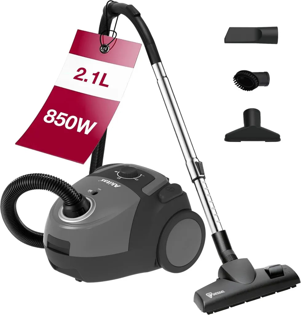 Odkurzacz workowy Akitas C5 850W, 9m zasięg, filtr HEPA, idealny dla alergików i zwierząt, dysza Wessel-Werk, 3 akcesoria