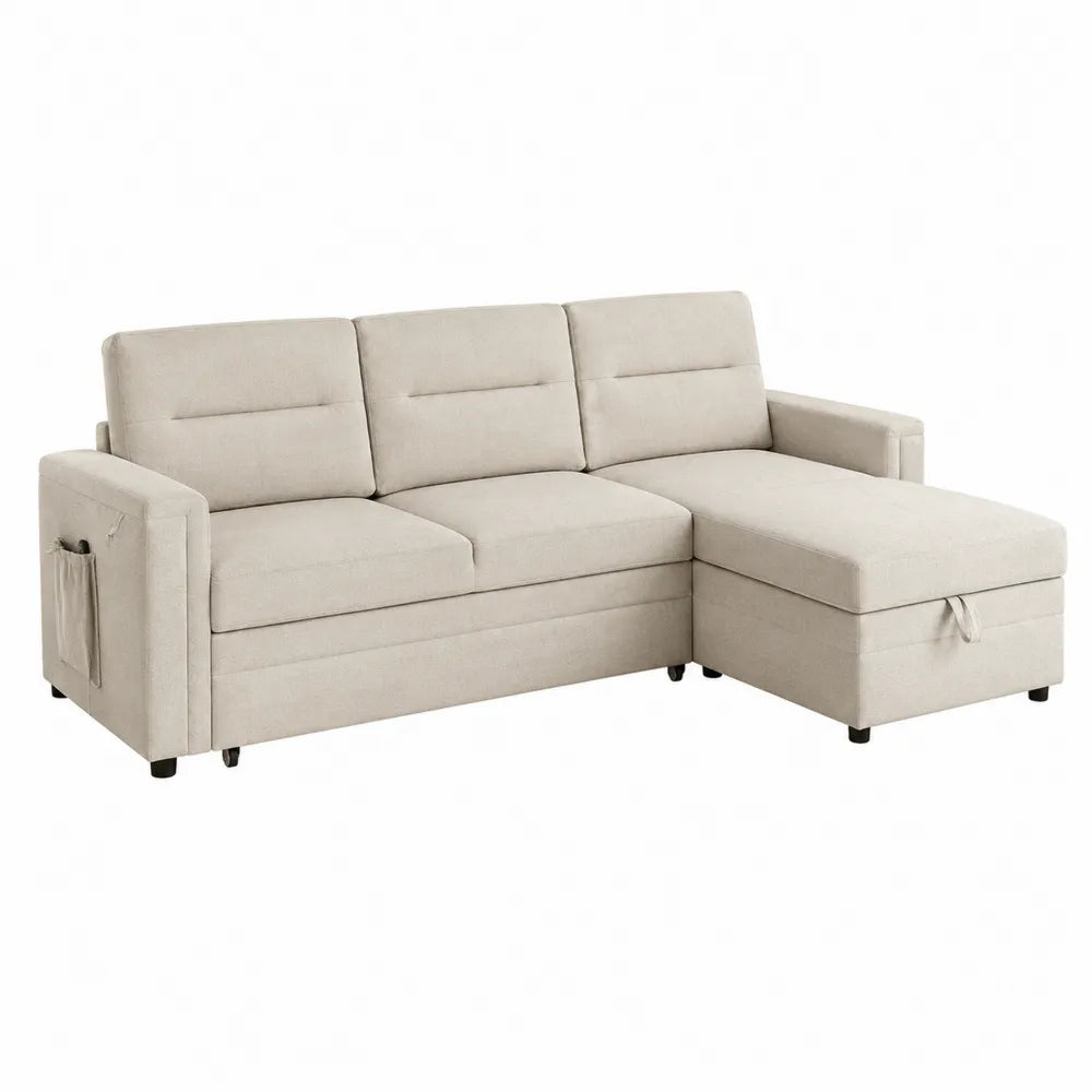 Sofa narożna z tkaniny poliestrowej beżowa 230 cm z funkcją spania i schowkiem