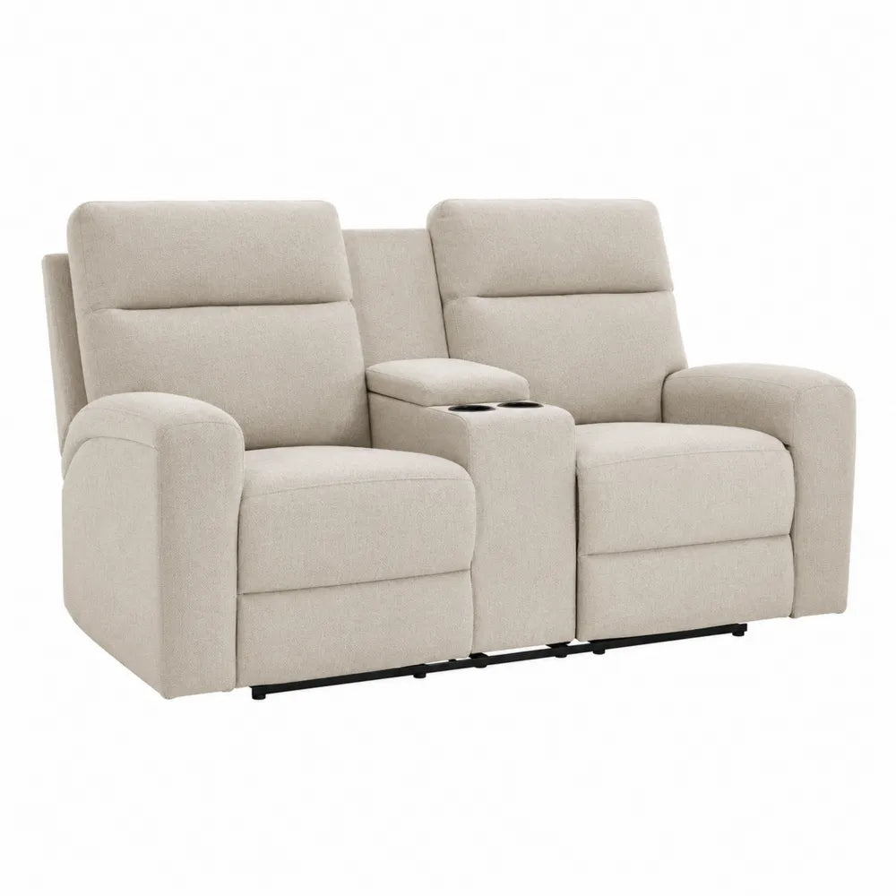 Dwuosobowa sofa z funkcjami relaksacyjnymi, tapicerowana lnianym materiałem, beżowa