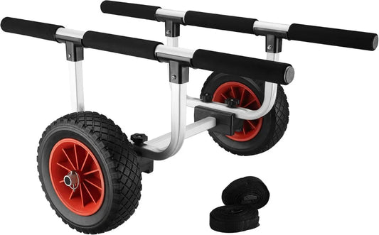 Składany wózek kajakowy Wiltec z aluminium do 90 kg, idealny do transportu łodzi i kajaków, z amortyzacją i pasami, koła 22 cm