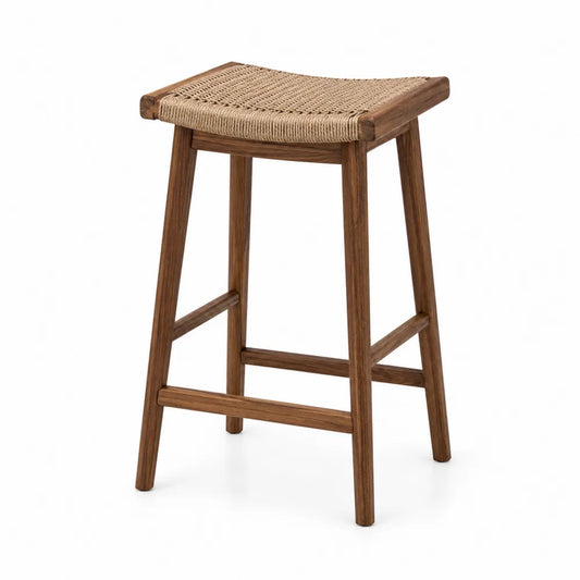 Stołek drewniany z siedziskiem z naturalnego rattanu brązowy 75 cm