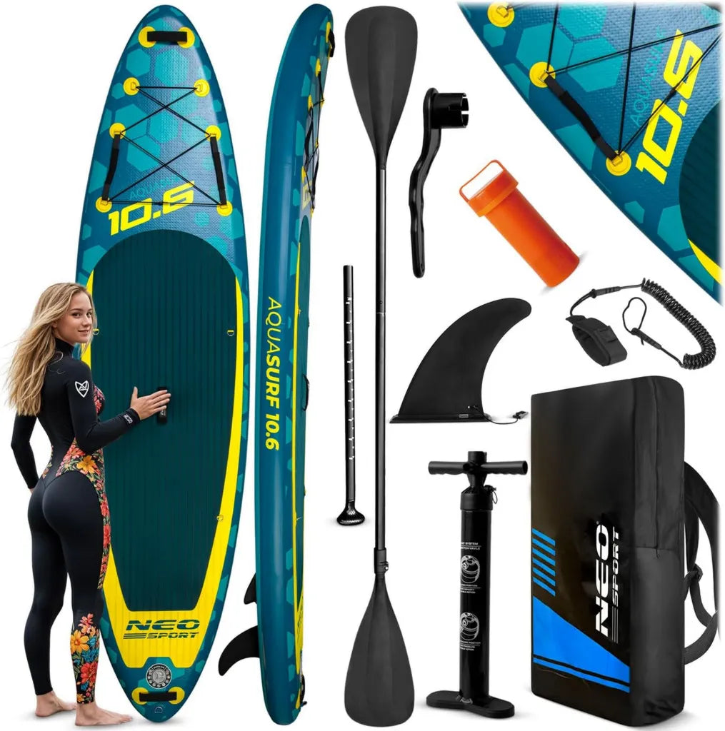 Deska SUP Allround Aquasurf 10.6 - Zestaw Rekreacyjny dla Prawdziwych Początkujących - 320x84x15 cm - Max 140kg - Wiosło, Pompka, Smycz i Plecak - Brązowy