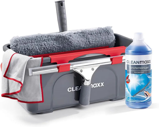 CLEANmaxx Zestaw do Mycia Okien 7-cz., Bez Smug, Środek, Ściągacz, Wiadro, Wycieraczka, Mikrofibra