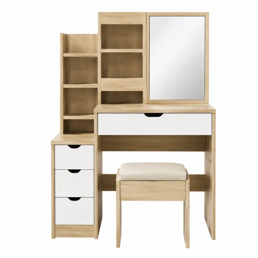 Toaletka drewniana z lustrem i taboretem, 120x40x140 cm