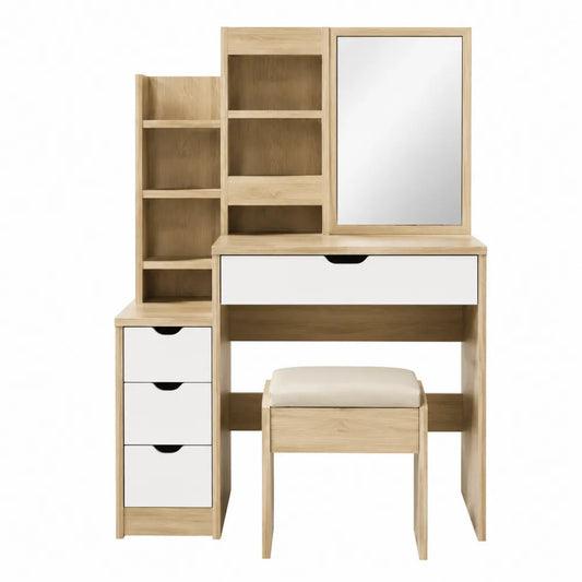 Toaletka drewniana z lustrem i taboretem, 120x40x140 cm