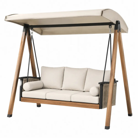 Huśtawka ogrodowa drewno teak stal beżowa