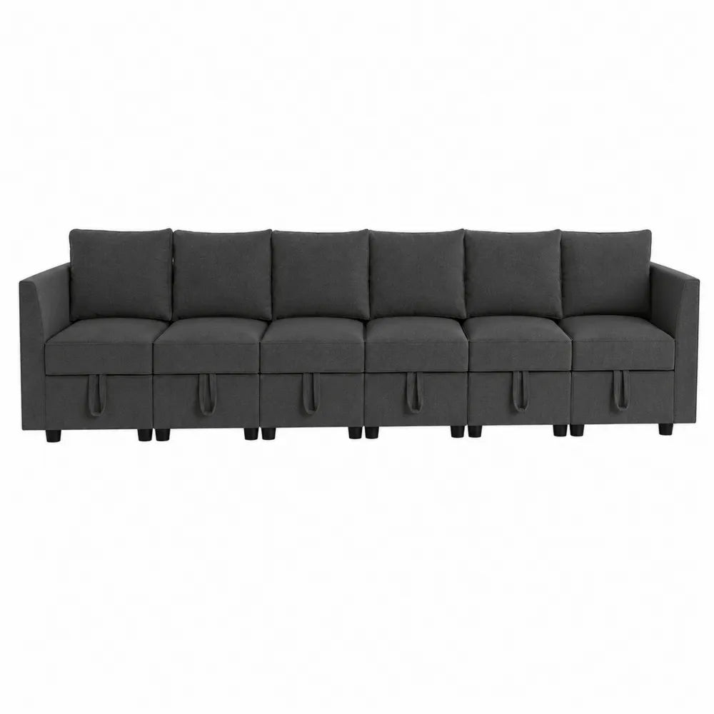 Sofa modułowa 6-osobowa z funkcją schowka tapicerowana szarym materiałem