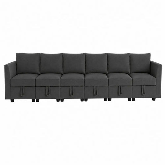 Sofa modułowa 6-osobowa z funkcją schowka tapicerowana szarym materiałem
