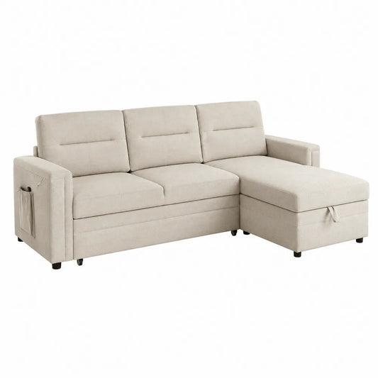 Sofa narożna z tkaniny poliestrowej beżowa 230 cm z funkcją spania i schowkiem