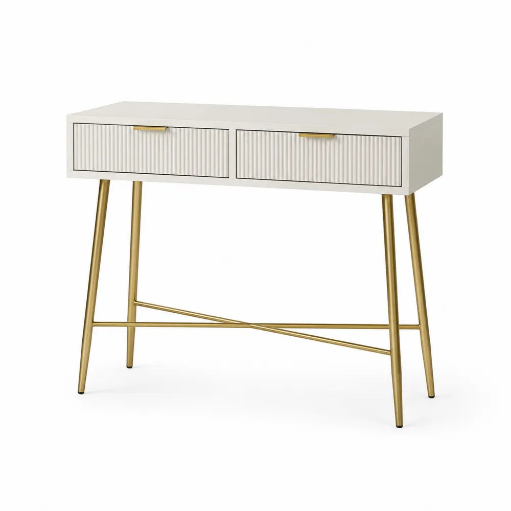 Biała i złota konsola z MDF i stalowymi nogami 100x35x75 cm